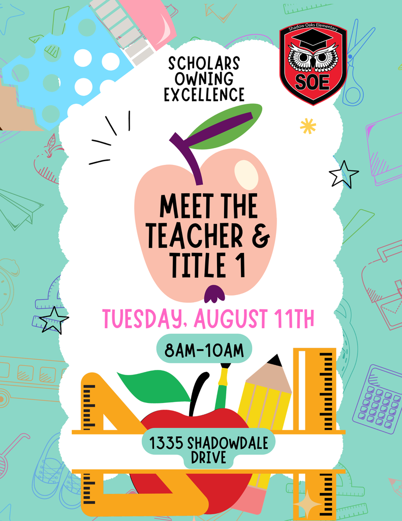 Colorful poster with apple, ruler, pencil, and other school items. "Meet the Teacher & Title 1" written above. Date, time, and address listed below.
