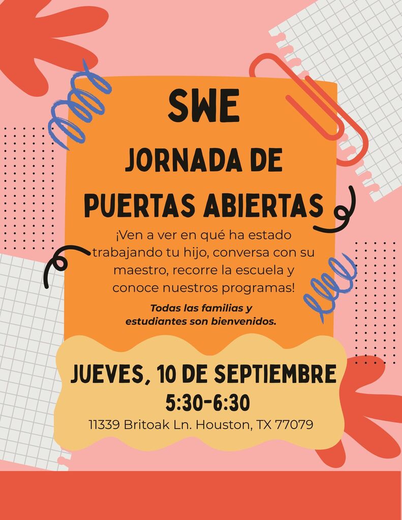 A poster with orange and pink background displays event details. It says "SWE Jornada de Puertas Abiertas" with a date and time.