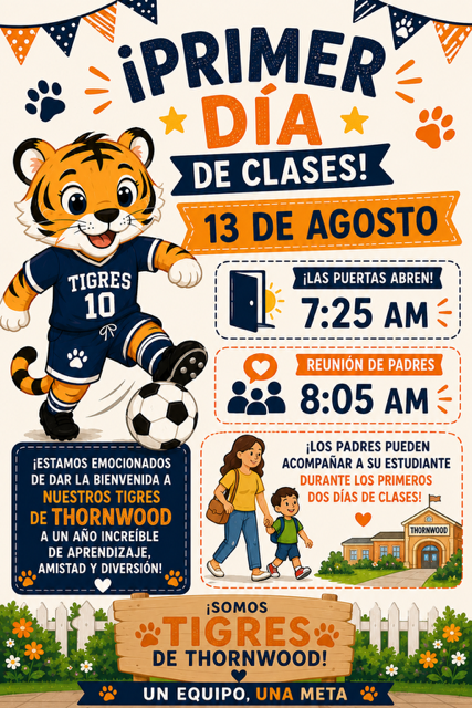 Bright poster with a cartoon tiger kicking a soccer ball and a parent-child pair walking. Text reads "Primer Día de Clases! 13 de agosto" and other details.