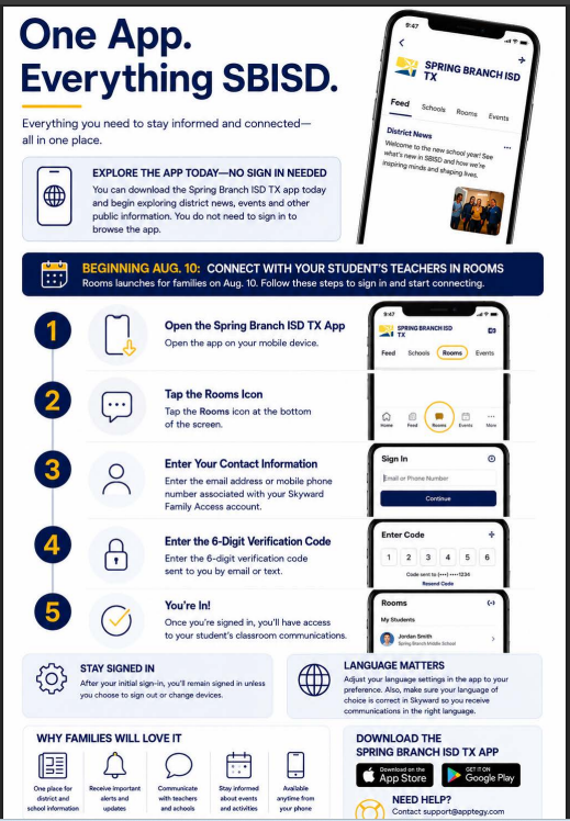 An advertisement for a Spring Branch ISD app. Steps are numbered 1-5 for setting up the app.