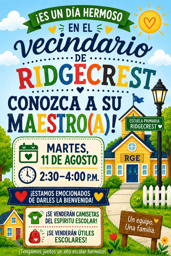 Bright flyer with a neighborhood event. House and school on a street, a lamp, and trees. Date: Tuesday, August 11, time: 2:30-4:00 PM.