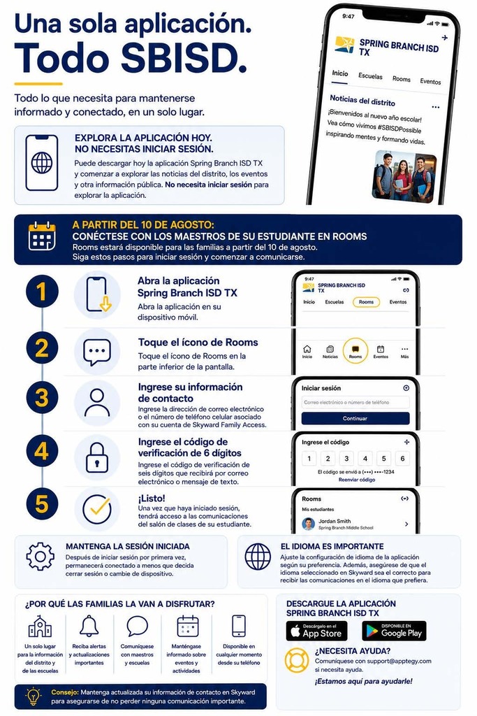 An instructional infographic on a blue background. Text explains how to use the SB ISD app. Each step is accompanied by an icon and a phone screen.