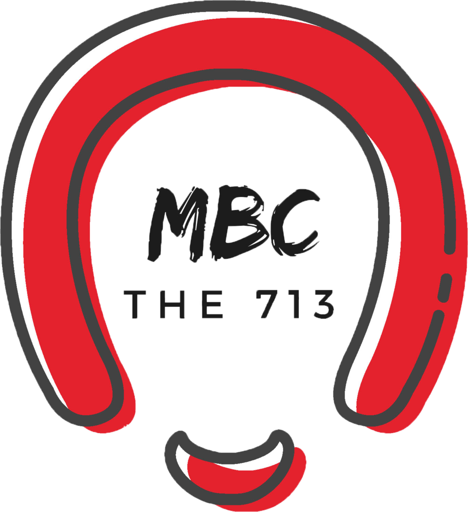 A horseshoe design with "MBC" and "THE 713" written in bold black font. The horseshoe is red with white edges on a black background.