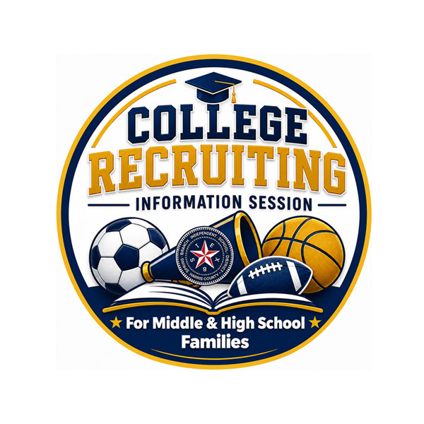 College recruiting logo featuring a graduation cap, sports balls, books, and an open book.