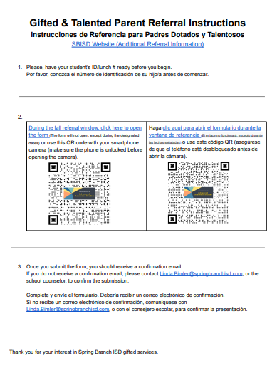 A document titled "Gifted & Talented Parent Referral Instructions" displays two QR codes for scanning. The text alternates between English and Spanish.