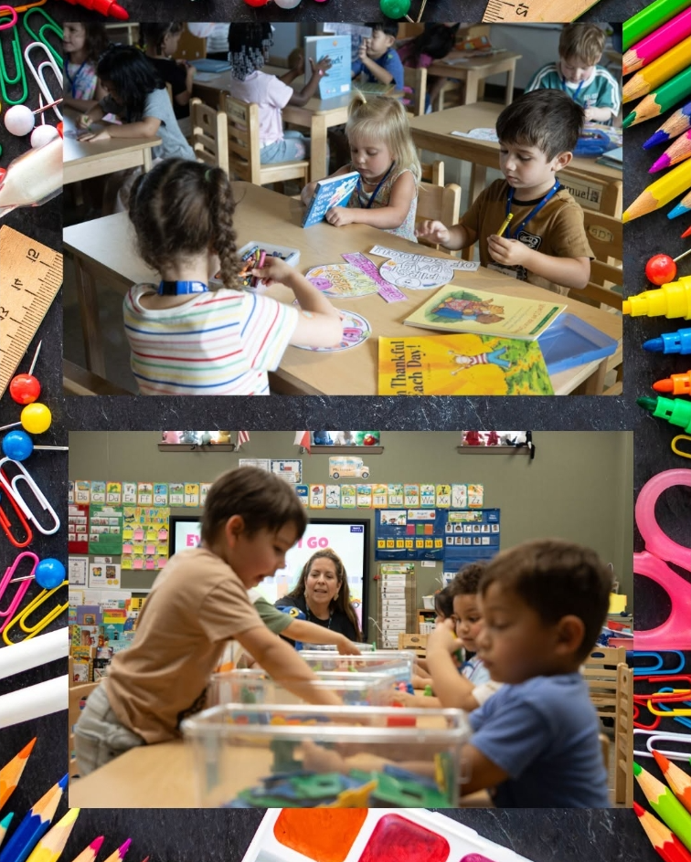 Collage of children in a classroom, engaging in various activities such as reading and playing with toys, set against a colorful background.