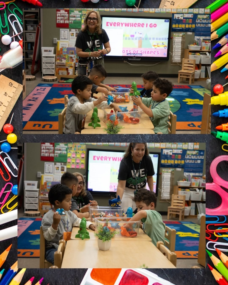 A collage of children and an adult playing with toys in a classroom. The adult stands at a screen showing a presentation.