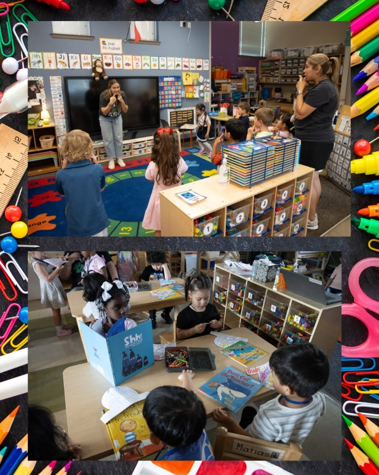 Four photographs of children in a classroom setting, engaged in various activities such as reading and using tablets.