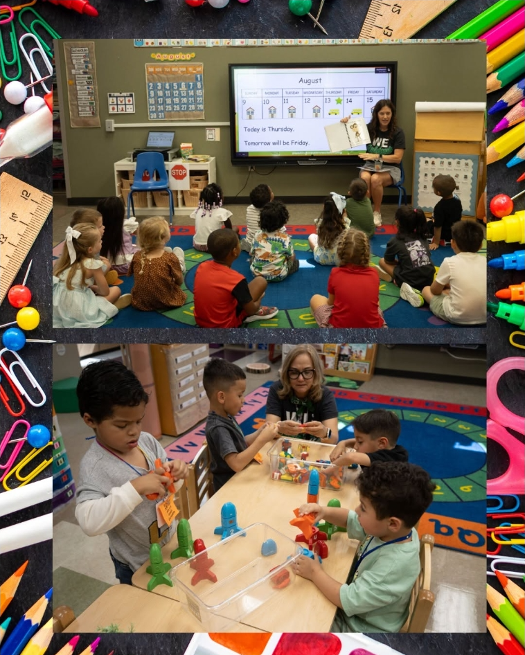 A collage with a classroom setting, children sitting on the floor and a teacher reading from a book. Another image shows children playing with building blocks.
