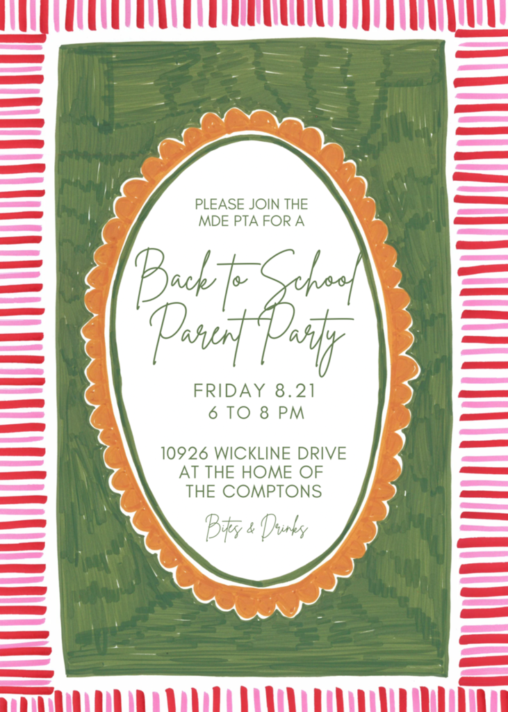 Invitation for a "Back to School Parent Party" on Friday, August 21, 6-8 PM, at 10926 Wickline Drive. Green and red background.