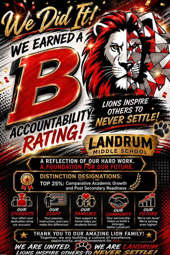 A red poster features a lion, bold text "We Did It! We Earned a B Accountability Rating!" with "Landrum Middle School" in the center.