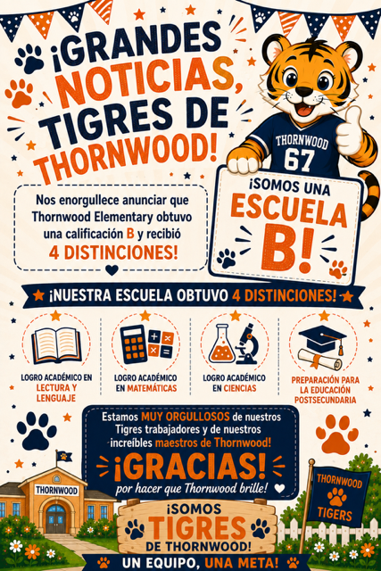 Poster celebrating Thornwood Tigers with a mascot and text in Spanish. Highlights include academic achievements and gratitude.