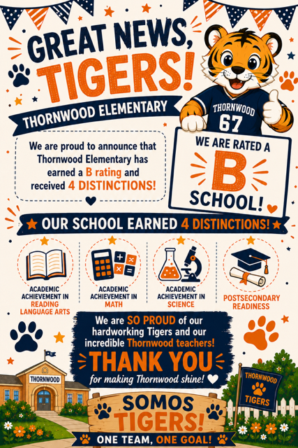 An announcement poster with a tiger mascot, a school building, paw prints, and academic icons. Text reads: "Great News, Tigers! Thornwood Elementary."