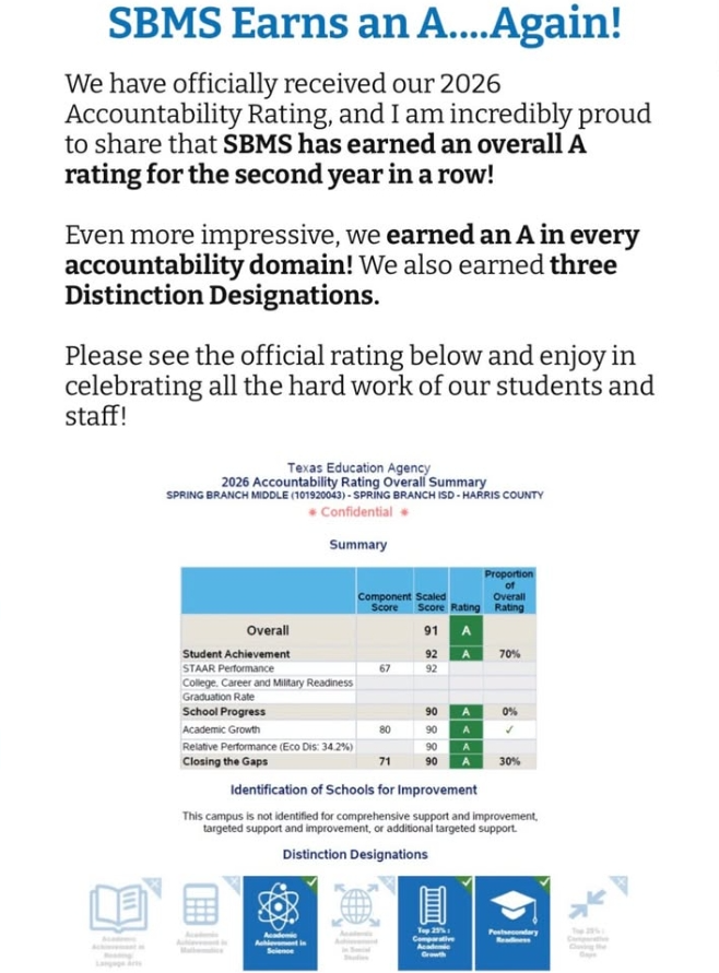 A page displays an announcement of an A rating from the 2026 Accountability Rating. A table shows the scores for various categories, with an A in every category.