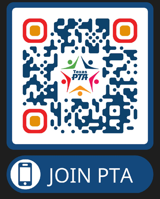 A blue and white square with a QR code and Texas PTA logo in the middle. Below, a cellphone icon and "JOIN PTA" text.