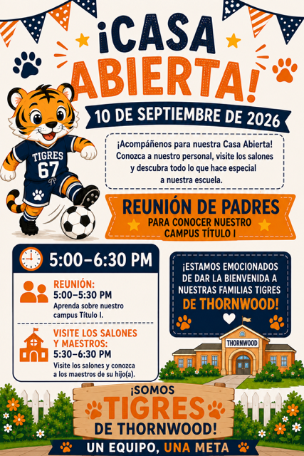 Poster for "CASA ABIERTA" event on September 10, 2026, featuring a tiger and soccer ball, schedule, and a school building.