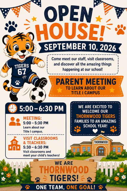 Poster with blue, white, and red theme. A tiger mascot kicks a soccer ball. Text: Open House! Parent Meeting.