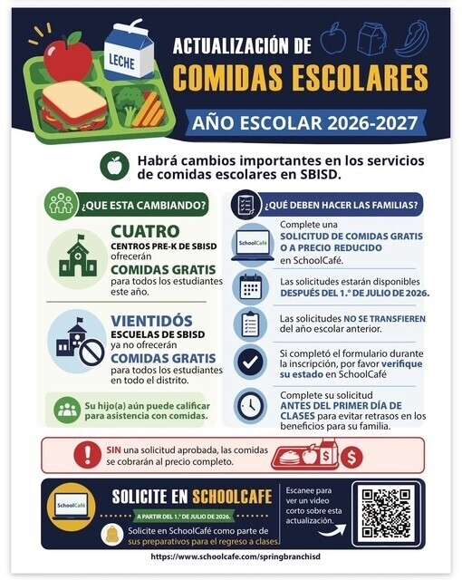 Poster with a blue background for updating school meal services, featuring a sandwich, apple, and lunchbox icons.