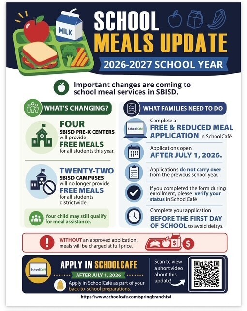 An infographic about school meal updates for the 2026-2027 school year. It details new meal changes and what families need to do.