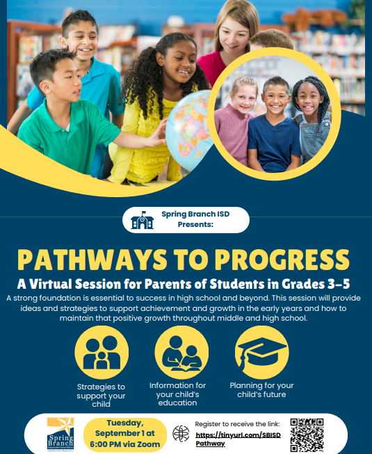 An advertisement features a globe, children, and a library background. Text reads "Pathways to Progress" and "Virtual Session for Parents of Students in Grades 3-5".