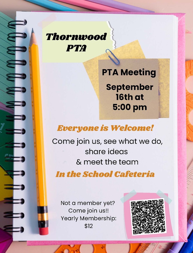 Open notebook with pencil. Text reads "PTA Meeting September 16th at 5:00 pm. Everyone is Welcome!"