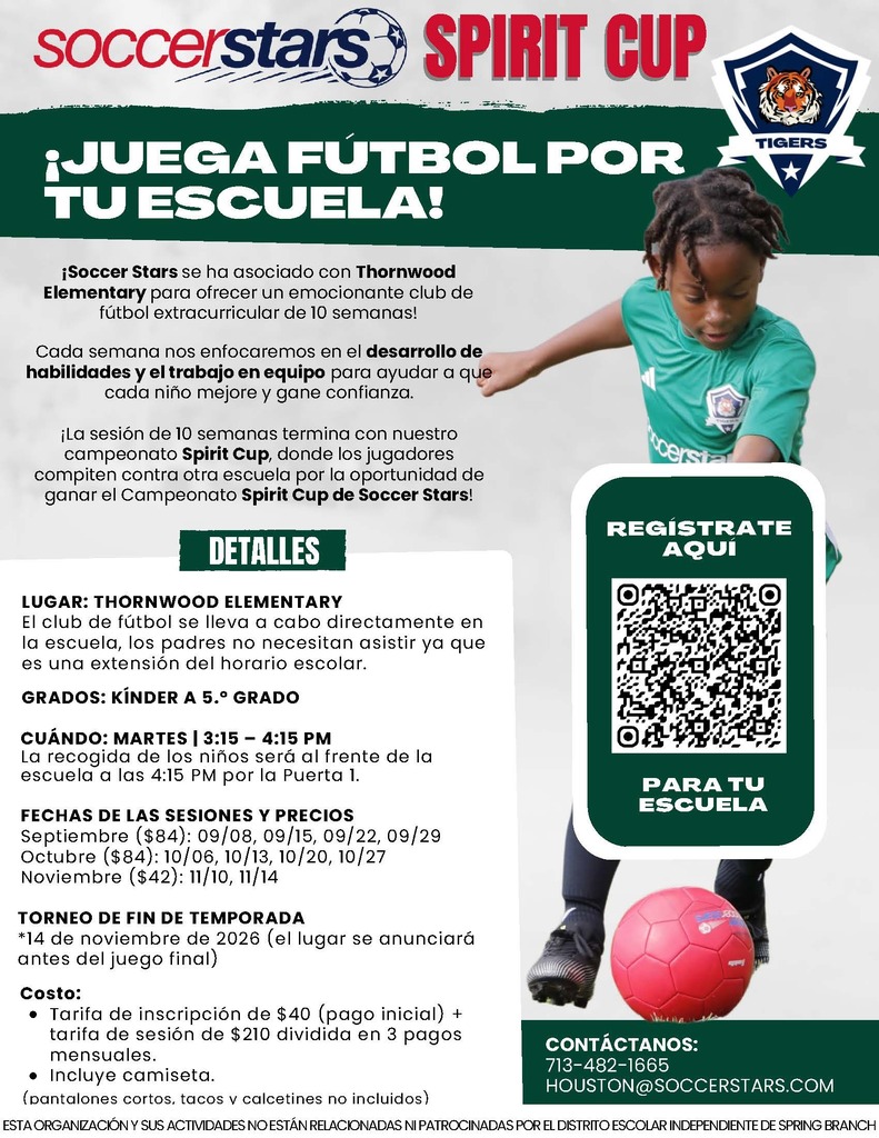 A flyer for Soccer Stars Spirit Cup has a girl playing soccer in green. The flyer includes registration details, dates, and contact info.