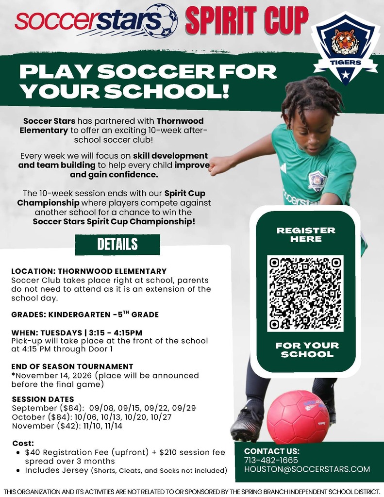 Poster with text "Play Soccer for Your School!" showing a child kicking a ball. The poster has a QR code, contact information, and details about the soccer event.
