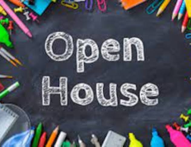 A blackboard with "Open House" written in white chalk, surrounded by colorful pencils, markers, and other school supplies.
