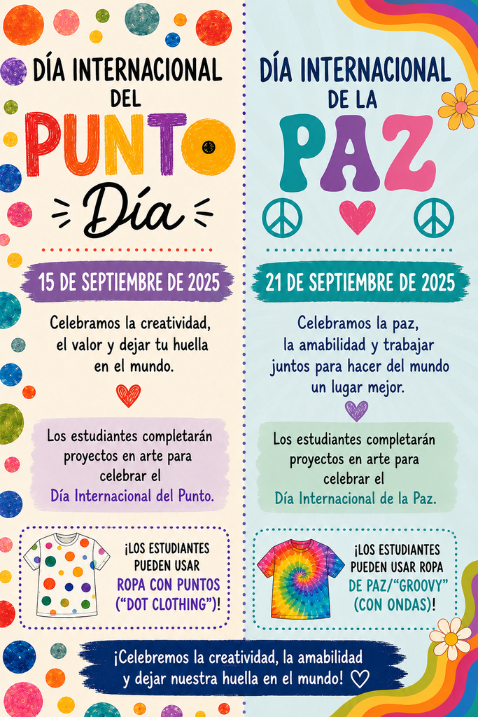 Two-sided poster for International Dot Day and International Peace Day. Left side has dot-themed artwork. Right side has peace sign and flower-themed artwork.