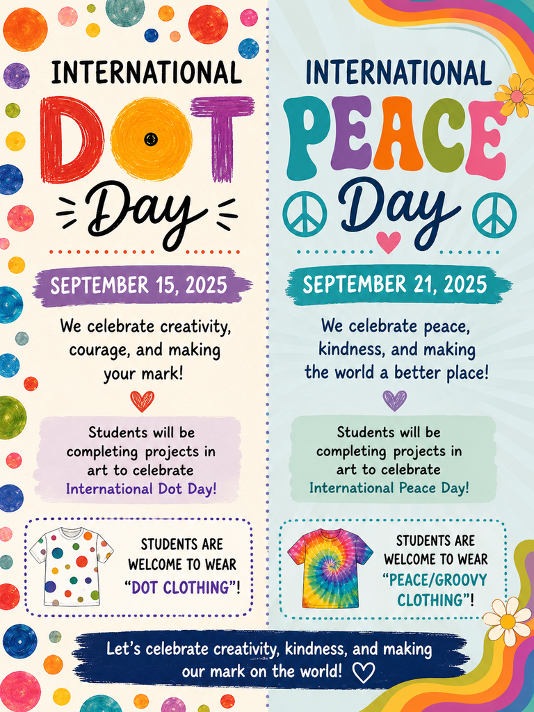 Posters with titles International Dot Day and International Peace Day, dates, and messages. Background includes peace sign and rainbow.