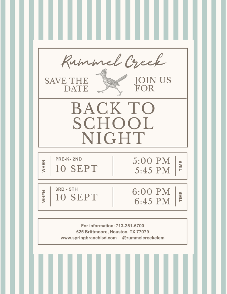 An invitation card with blue and white stripes. It says "Back to School Night" and lists dates and times. A bird is featured.