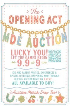 Invitation for an auction, featuring colorful text, a QR code, and various icons. A gold chain is across the top.
