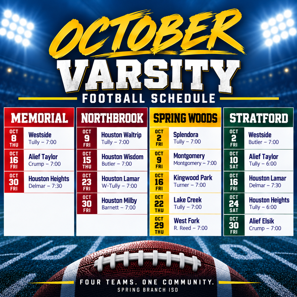 Poster for the October varsity football schedule. It includes the names of the teams and dates.