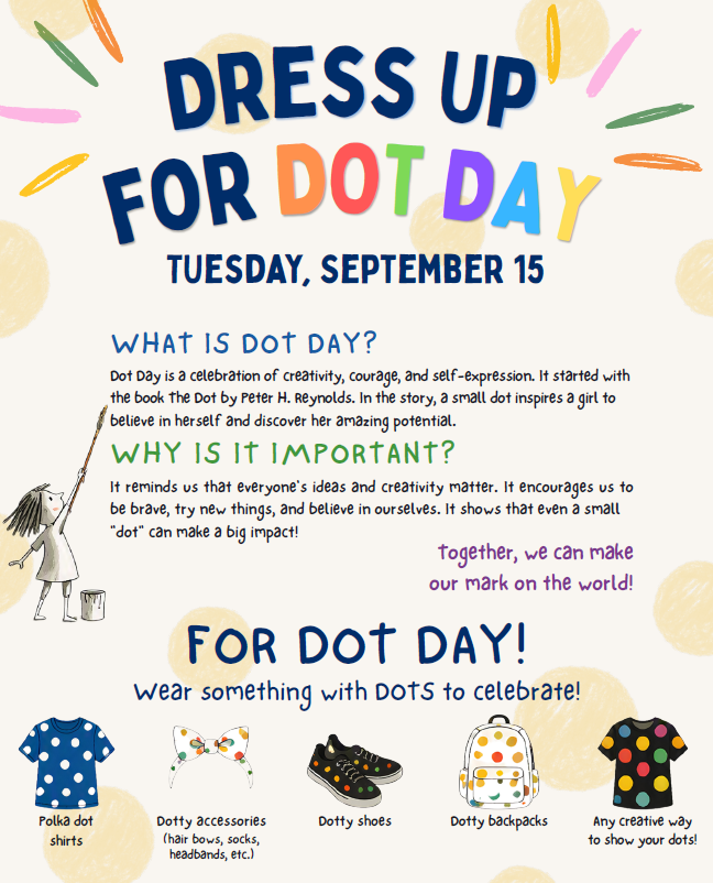 Poster encourages participation in Dot Day on September 15, featuring illustrations of a girl painting, colorful text, and images of clothing and accessories with dots.