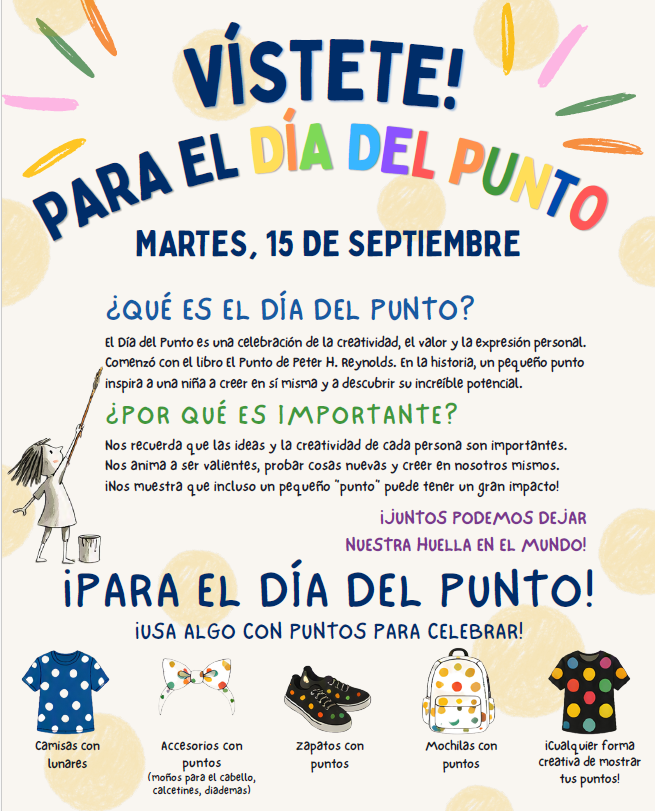 Bright poster for "El Día del Punto" on September 15. It shows a girl, colorful dots, and items like shoes, a backpack, and a t-shirt.