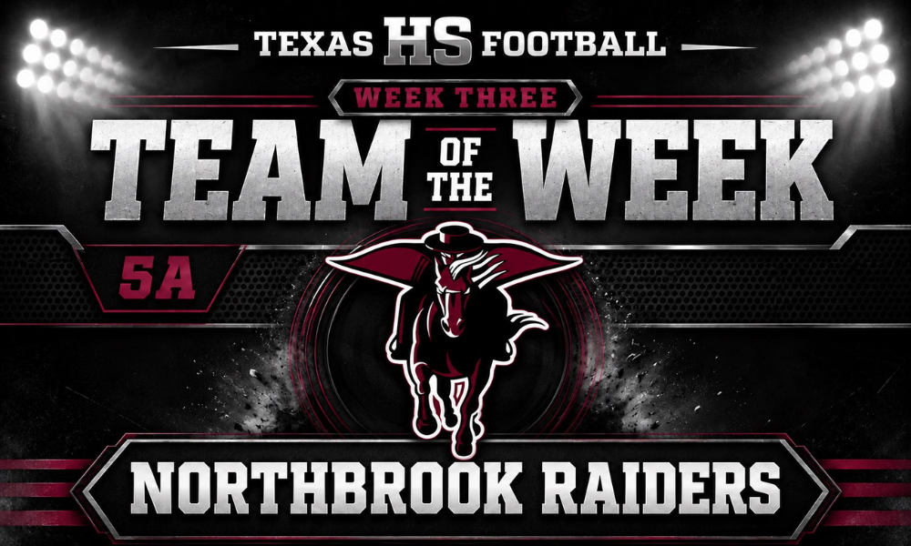 Black and red graphic displays "Texas HS Football Week Three Team of the Week" with a horse logo and text "Northbrook Raiders."