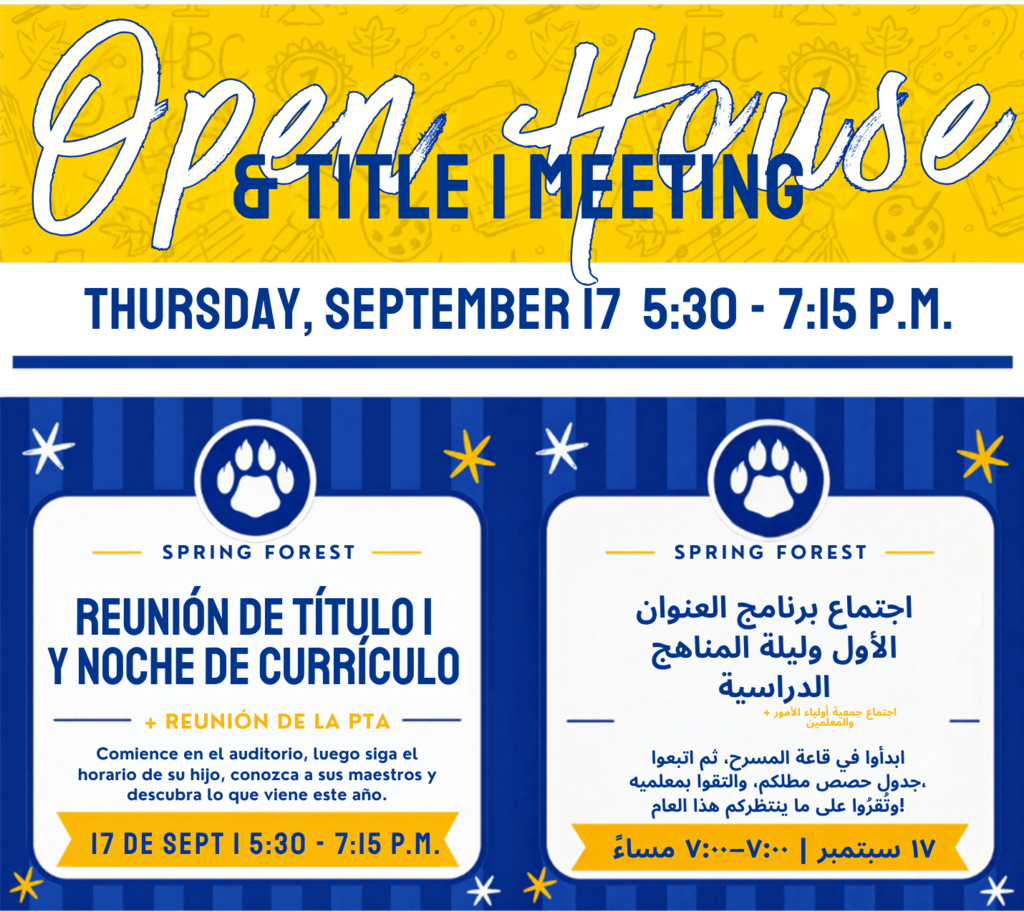 Flyer with blue and yellow background reads "Open House & Title I Meeting"