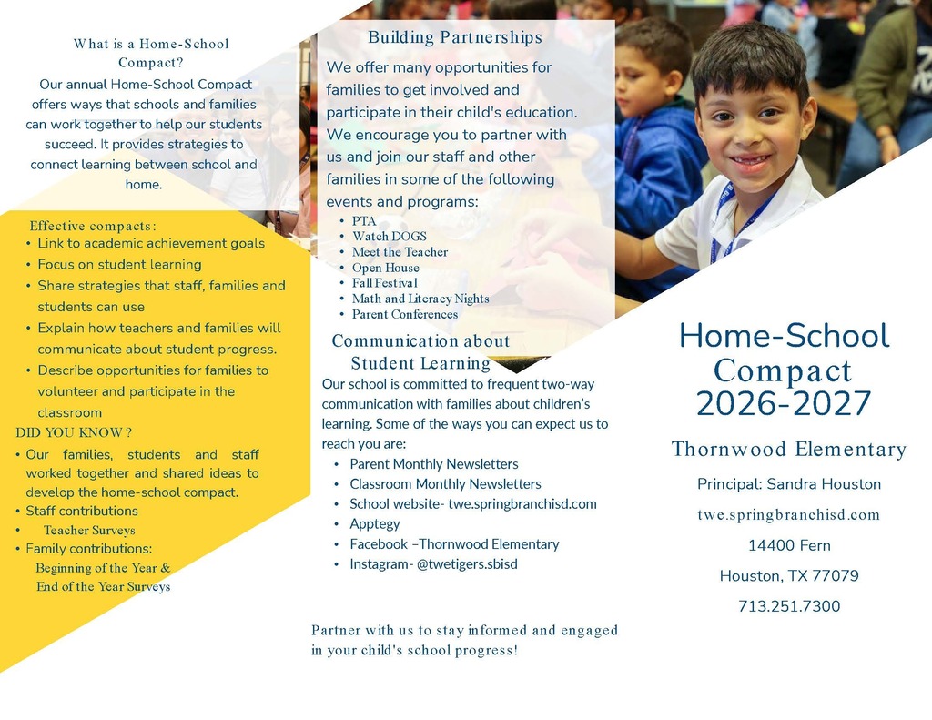 Flyer with text and images, including a smiling child, on yellow, blue, and white background.