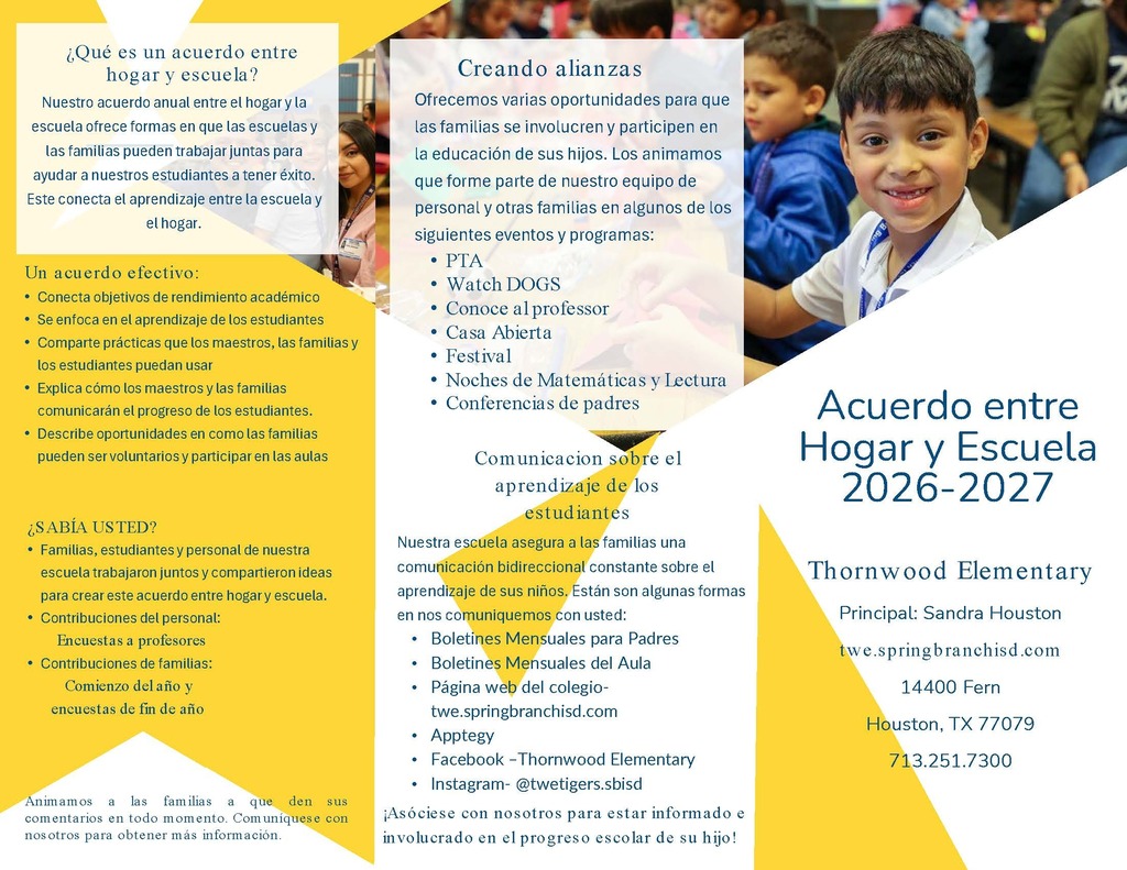 A brochure for an agreement between a home and school, featuring a smiling child and Spanish text.
