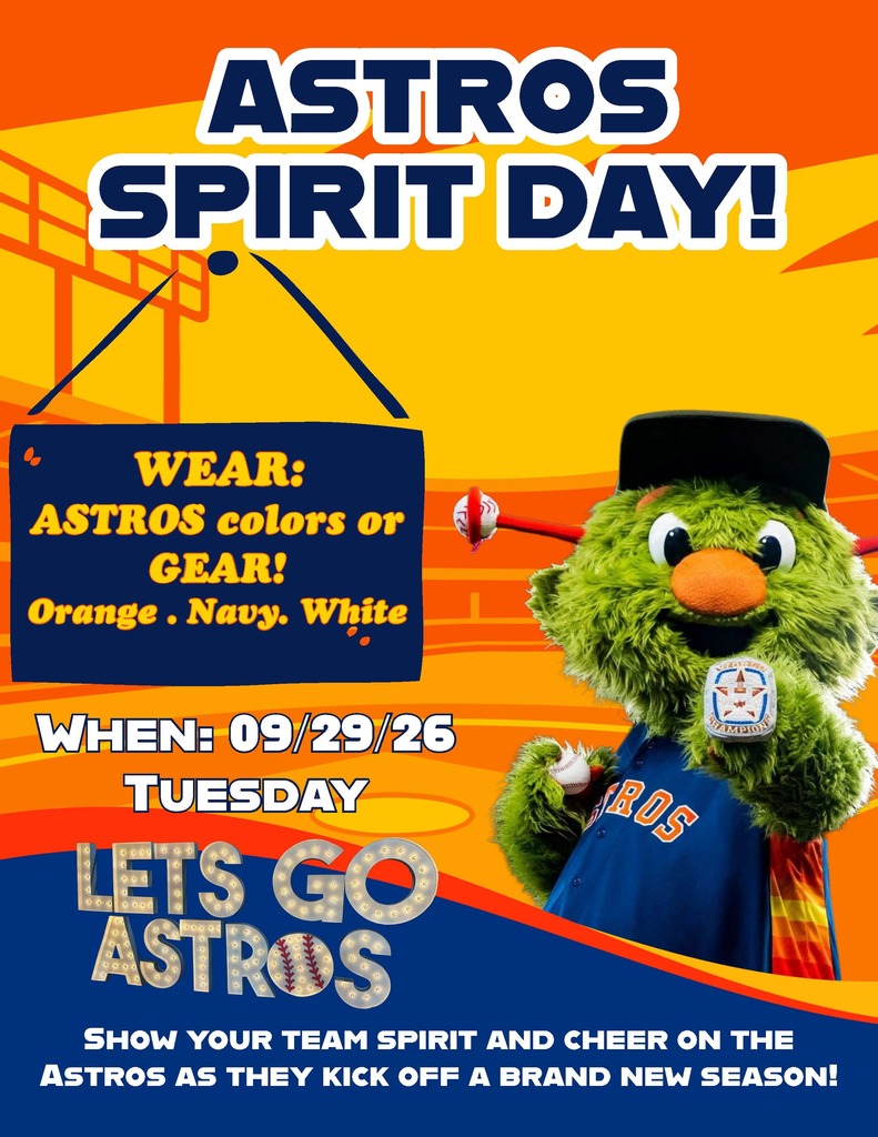 Poster with green mascot in Astros gear. Text reads: "Astros Spirit Day! Wear Astros colors or gear: Orange, Navy, White." Date: September 29, 2026.
