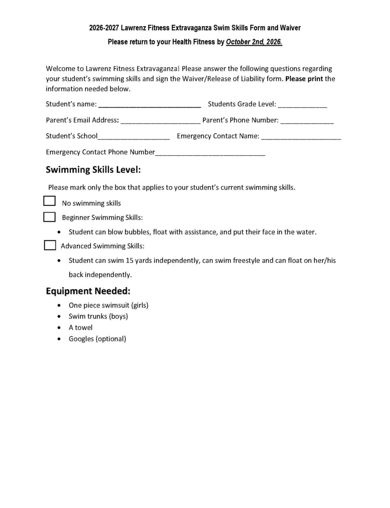 A form with text in black font and white background. Sections include student information and swimming skills level. It requests the student's name, address, phone number, grade level, and emergency contact.