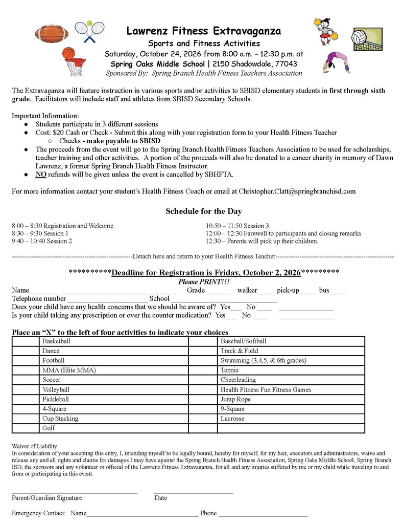 A document includes text and tables for a fitness event with dates, times, and registration information. It also has instructions for parent consent.