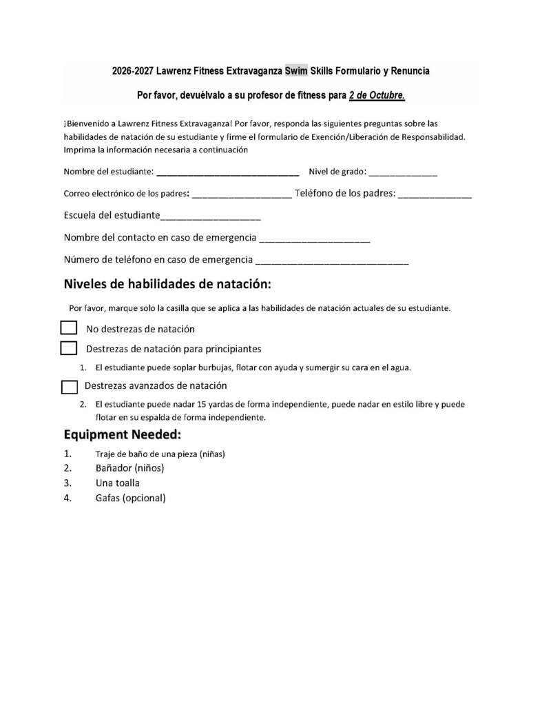 A white document with black text is titled "2018-2019 Lauren Fitness Extravagance Skill Form." Sections include personal details, medical history, emergency contacts, and equipment needed.