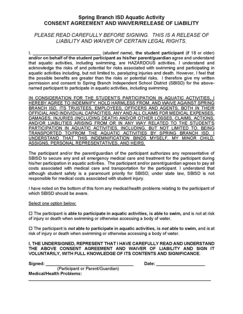 Document titled "Spring ISD Aquatic Activity Consent Agreement and Waiver of Liability". It has sections for personal information, liability waivers, and consent. Background is plain.