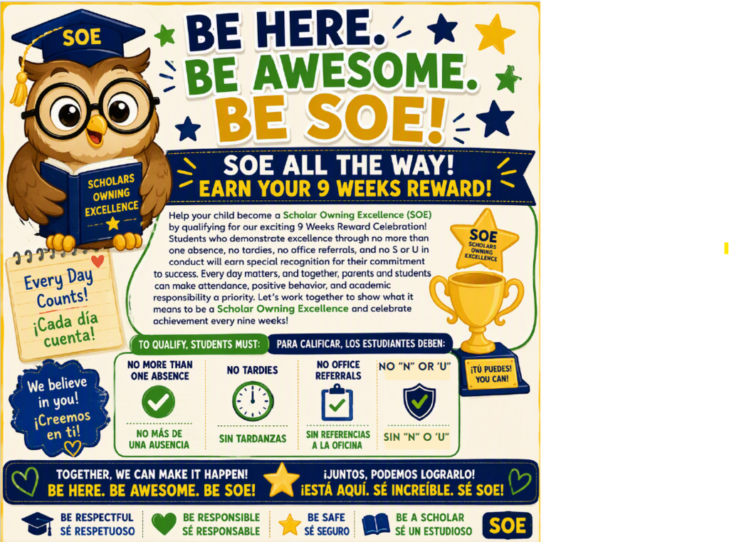 An owl with a graduation cap reads a book. The text reads "Be here. Be awesome. Be SOE!" Stars, icons, and text.