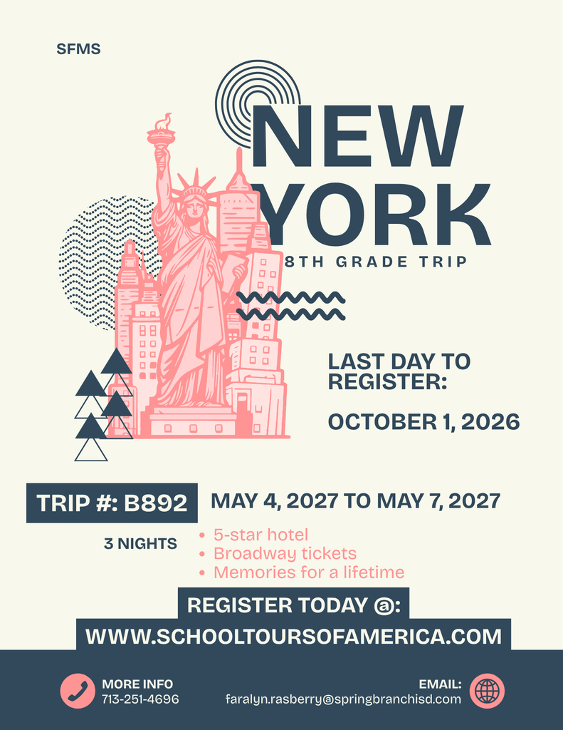 An advertisement for an 8th-grade trip to New York. Features include the Statue of Liberty, hotel, Broadway tickets, and a deadline of October 1, 2026.