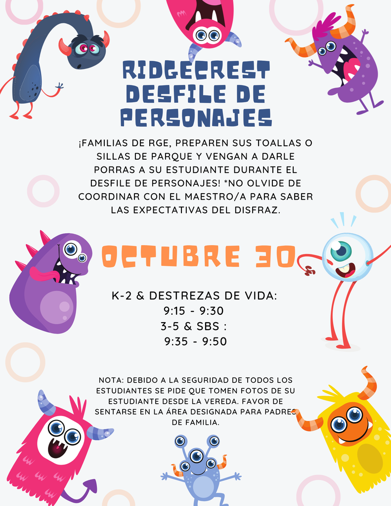 Poster with monster characters and text "Ridgecrest Defile of Characters" in Spanish. It mentions October 30, various times, and notes about family attendance.
