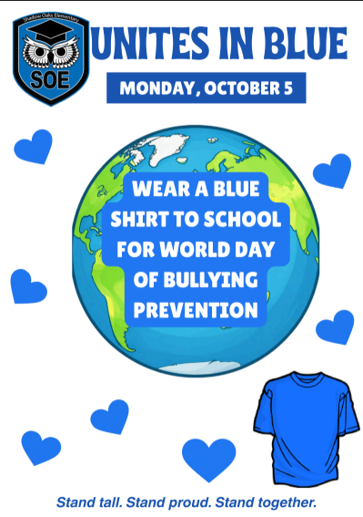 Poster shows globe with blue outline and text: "Wear a blue shirt to school for World Day of Bullying Prevention."