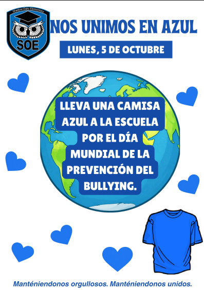 An image encourages wearing a blue shirt to school on October 5th for the World Day Against Bullying.