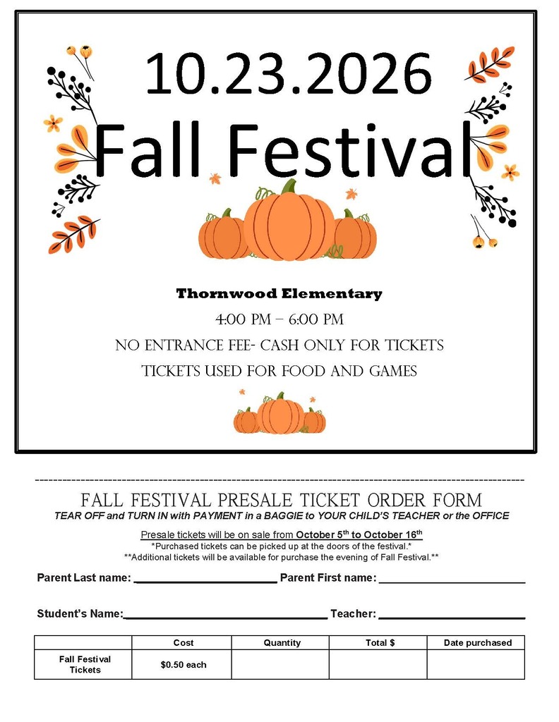 Document with the heading "Fall Festival" in bold font, date "10.23.2026" and "Thornwood Elementary". Pumpkins and leaves are on the top and bottom.